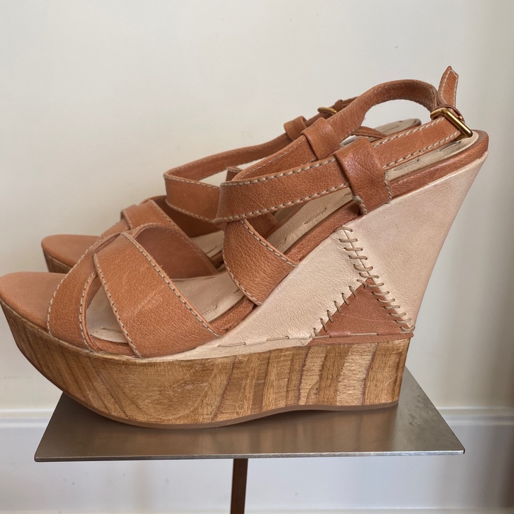 MIU MIU Wedge Heels w/ Platform, Women’s Neutrals Blush Wood Strappy Size 10.5